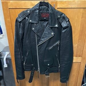 Classic Black Motorcycle Jacket with Asymmetrical Zipper and Notched Lapel